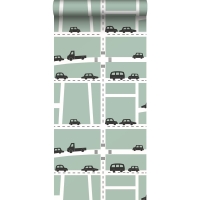 ESTA boys room wallpaper cars mint green, black and white