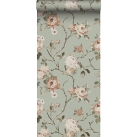 Papier peint fleurs vintage vert menthe et rose