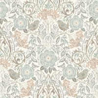 Papier peint motif fleurs et oiseaux style art nouveau vert, bleu et rose