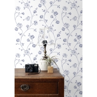 ESTA behang toile de jouy met rozen in wit en blauw