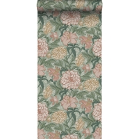 Papier peint motif fleurs style vintage rose et vert