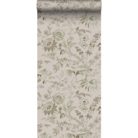 Papier peint à motif de fleurs vintage vert olive et vieux rose