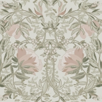 Papier peint à motif de fleurs art nouveau en vert et beige