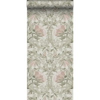 Papier peint à motif de fleurs art nouveau en vert et beige