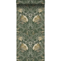 Papier peint à motif de fleurs art nouveau vert foncé