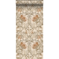 Papier peint à motif de fleurs art nouveau en beige clair et vieux rose