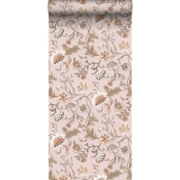 Papier peint à motif de fleurs en vieux rose, terracotta et vert