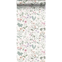 Papier peint à motif de fleurs sauvages en vert, terre cuite et  rose