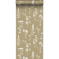 Papier peint à motif de fleurs sauvage beige foncé