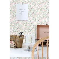 Papier peint avec de petites fleurs en rose et vert