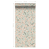 ESTA wallpaper with a floral pattern in grey-green and peach-pink