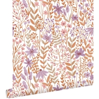 Papier peint à motif de fleurs sauvages en lilas et terre cuite