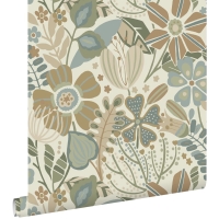 Papier peint à motif de fleurs sauvages en vert, beige et blue