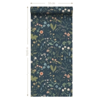 Papier peint à motif de fleurs sauvages en bleu foncé, vert et rose