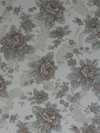 Vintage floral wallpaper with grey-blue and brown flowers