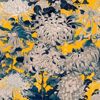 Papier peint de luxe chrysanthèmes gris jaune