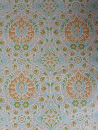 Papier peint vintage damassé vert, blue clair et brun