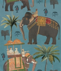 De olifanten processie behang blauw