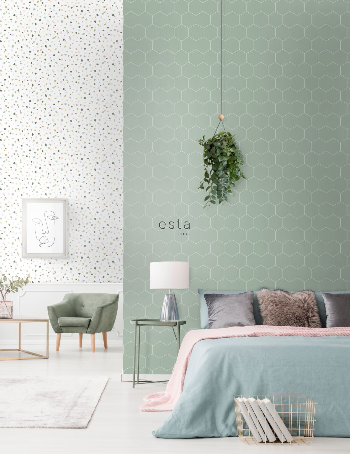 Groen-wit honinggraat behang - - Dé webshop vintage en modern behang