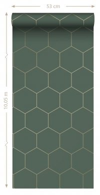 Papier peint hexagone vert foncé - or