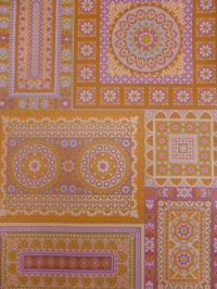 vintage behang geometrisch met paarse en oranje bloemen