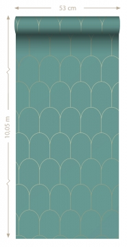 Turquoise gouden art deco behang met bogen