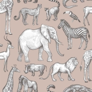 Papier peint avec des animaux de la jungle en vieux rose et gris