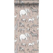 Papier peint avec des animaux de la jungle en vieux rose et gris