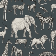 Papier peint avec des animaux de la jungle en bleu et gris