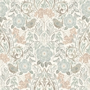 Papier peint motif fleurs et oiseaux style art nouveau vert, bleu et rose