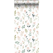 Papier peint avec fleurs en rose vert et blanc