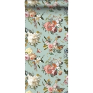 Papier peint motif fleurs style vintage vert grisé