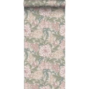 Papier peint motif fleurs style vintage vieux rose et vert grisé