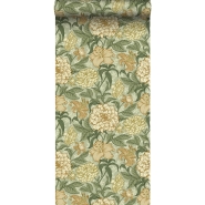 Papier peint motif fleurs style vintage vert et ochre