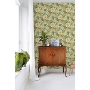 Papier peint motif fleurs style vintage vert et ochre
