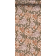 Papier peint motif fleurs style vintage vieux rose, terracotta et vert grisé