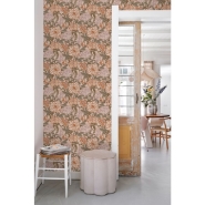 Papier peint motif fleurs style vintage vieux rose, terracotta et vert grisé