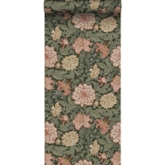 Papier peint motif fleurs style vintage terracotta et vert grisé