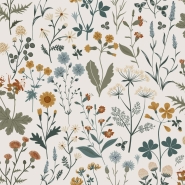 Papier peint à motif de fleurs sauvages en vert, ochre et bleu