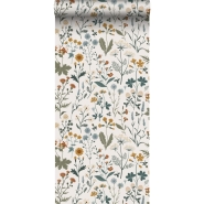 Papier peint à motif de fleurs sauvages en vert, ochre et bleu