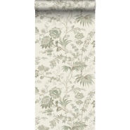 Papier peint à motif de fleurs vintage vert sur un fond crème