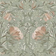 Papier peint à motif de fleurs art nouveau en vert et rose