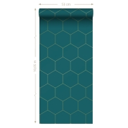 Petrol blue and gold hexagon wallpaper