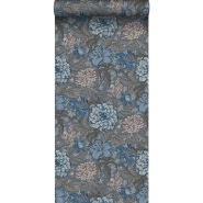 Papier peint motif fleurs style vintage en bleu et gris