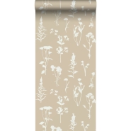 Papier peint à motif de fleurs sauvage sable