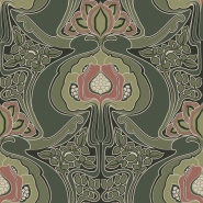 Papier peint à motif de fleurs style art nouveau vert foncé et rose