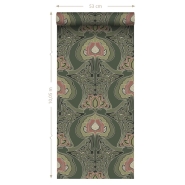 Papier peint à motif de fleurs style art nouveau vert foncé et rose