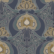 Papier peint à motif de fleurs style art nouveau bleu