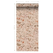 Papier peint à motif de fleurs sauvages en rose et terre cuite