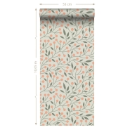 ESTA wallpaper with a floral pattern in grey-green and peach-pink